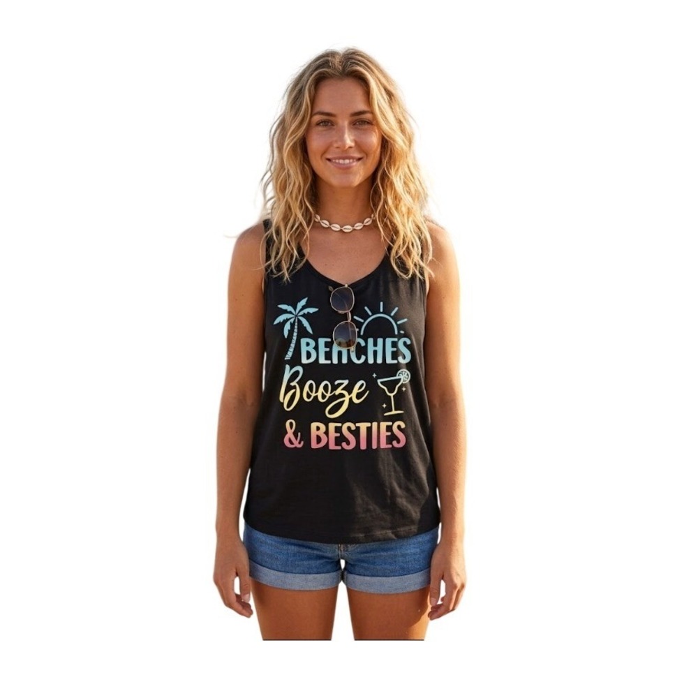 Miken Beaches Booze & Besties Graphic Tank Top Black Jersey Knit Sleeveless Race